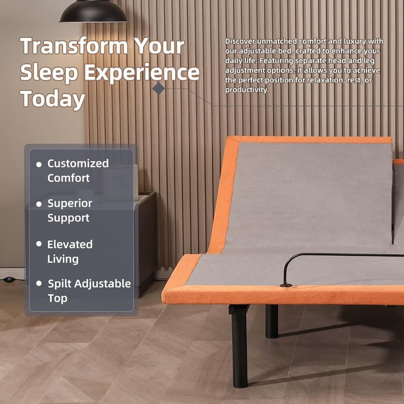 ESHINE Split Queen Adjustable Bed Frame with Mattress - 14" Gel Memory Foam Mattress, USB Ports, Underbed Night Light, Head and Foot Incline, Top Split Queen, Orange