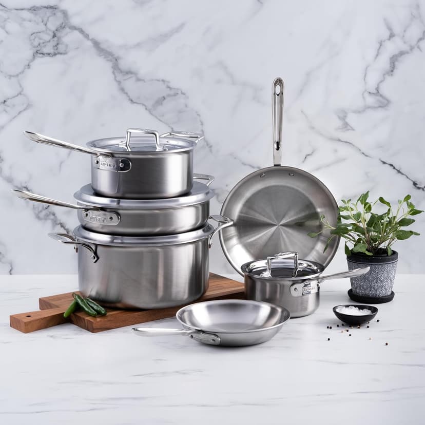 All-Clad D5 Brushed 5 Ply Stainless Steel Cookware Set 10 Piece w/ Frying Pans, Pots and Pans Set, Induction, Oven Broiler Safe 600F, Silver