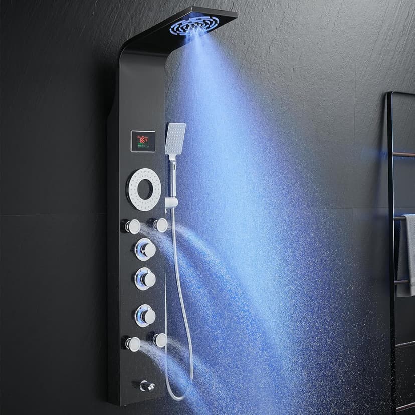 ROVOGO Shower Panel Tower System with Rainfall Mist Shower Head, Body Jets, Handheld and Tub Spout, Led Lights and Temp Display No Battery Needed, Unibody Shower Column 304 Stainless Steel Black
