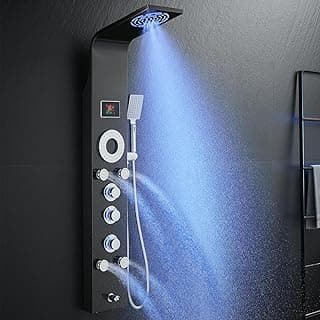 ROVOGO Shower Panel Tower System with Rainfall Mist Shower Head, Body Jets, Handheld and Tub Spout, Led Lights and Temp Display No Battery Needed, Unibody Shower Column 304 Stainless Steel Black