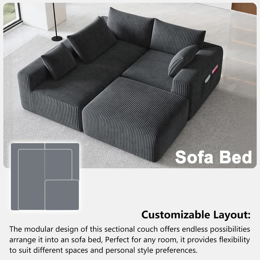 110”Modern Modular L-Shape Couch with Chaise, Modular Sectional Couches for Living Room, Deep Seat Boneless Sofa Bed, No Assembly Required Sleeper Sofa, Plush Corduroy Fabric, Dark Gray