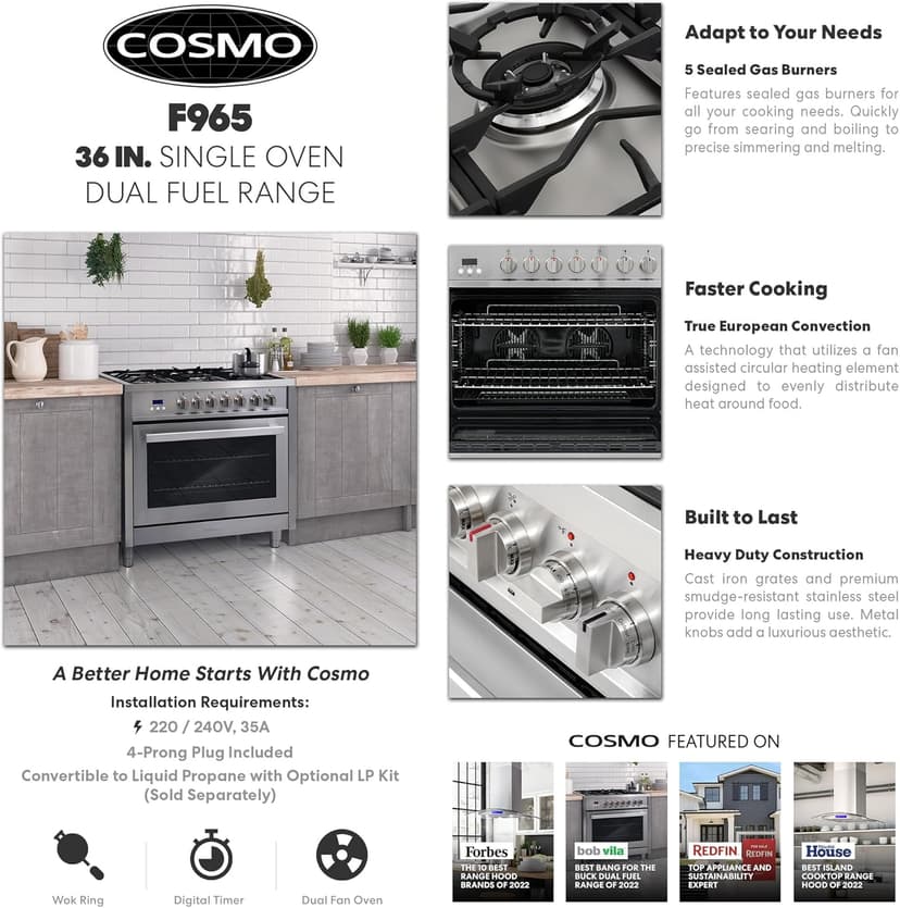 COSMO F965 36 in. Stellar Collection 3.8 cu. ft. Dual Fuel Range, 5 Sealed Burners, 8 Function Convection Oven in Stainless Steel