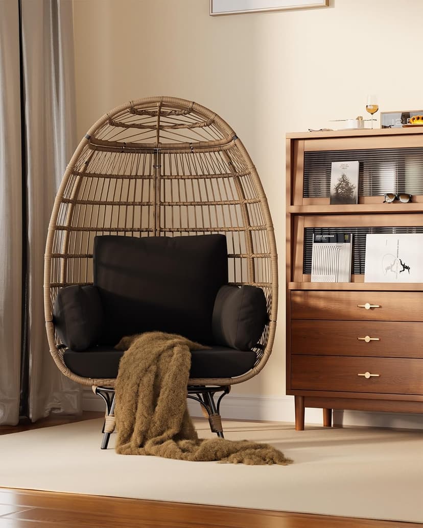 360°Oversize Swivel Egg Chair Outdoor, Heavy-Duty Steel Wicker Egg-Shaped Chair w/4 Cushions, Patio Rotating Rattan Egg Basket Lounge Seat for Patio, Porch, Backyard, Living Room, Black