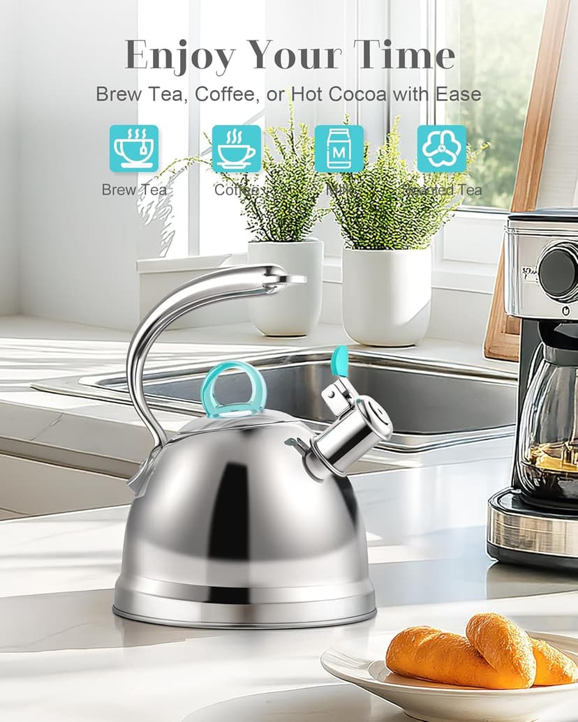 Harriet Tea Kettle Stovetop, 2.5 Quart Whistling Stainless Steel Tea Pot, 3-Layer Base, Unique Ergonomic Handle, Includes Pot Holder & Mat, Electric/Induction/Gas Stovetops Applicable, Mirror Finish
