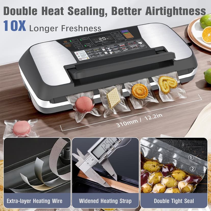 230 Watts Vacuum Sealer for Food, Commercial Vacuum Sealer Machine with Double Heat Seal, Easy Lock Handle, 12 Functions, Bags Storage,Build-in Cutter, 1 Roll and 10 Pre-cut Bags, Progress Display