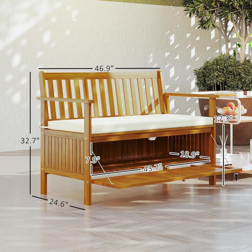 Outsunny Outdoor Bench with Storage Box, 28 Gallon Outdoor Storage Bench, Acacia Wood Garden Seat with Cushion, 2 Seater Patio Furniture for Park, Balcony, Teak
