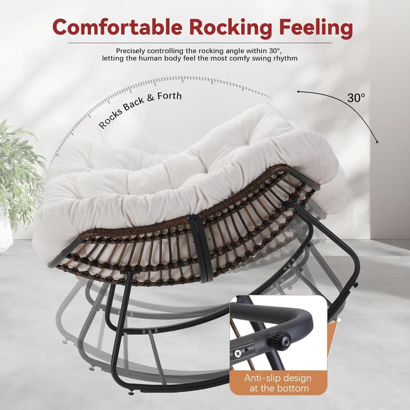 Papasan Rocking Chair, Rattan Rocking Chair, Oversized Outdoor Chair with Deep Seat Thick Cushion, Patio Rocking Chair for Bedroom/Porch/Garden (White & Black)