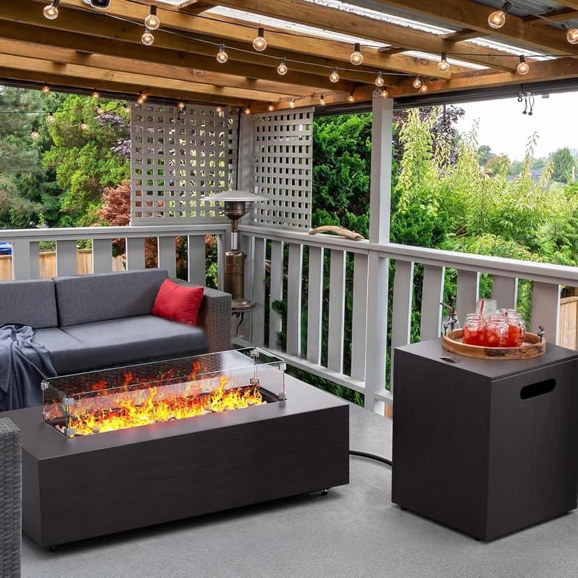 42” Rectangular Fire Pit Tables 2-Piece 50,000 BTU Outdoor Propane Gas Fire Pit with Wind Guard, Waterproof Cover, Lava Rocks for Outside Patio Backyard