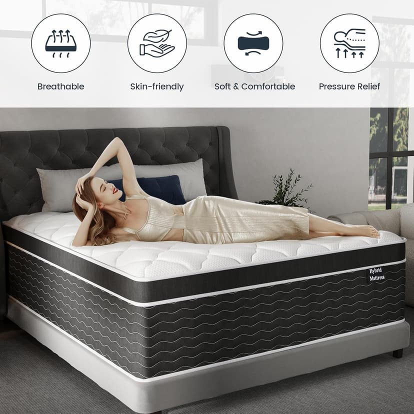 Queen Mattress, 14 inch Queen Bed Mattress in a Box, Firm Hybrid Mattresses with Gel Memory Foam and Pocket Springs, Pressure Relief & Upgraded Support, Cooling and Breathable