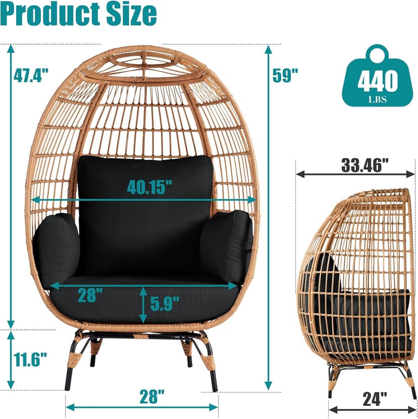 Outdoor Egg Chair, PE Wicker Chair with 4 Thicken Cushions, Patio Chairs 440 lbs Capacity, Oversized Balcony Chairs with Durable Steel Frame Perfect for Balcony, Backyard, Bedroom-Dark Black