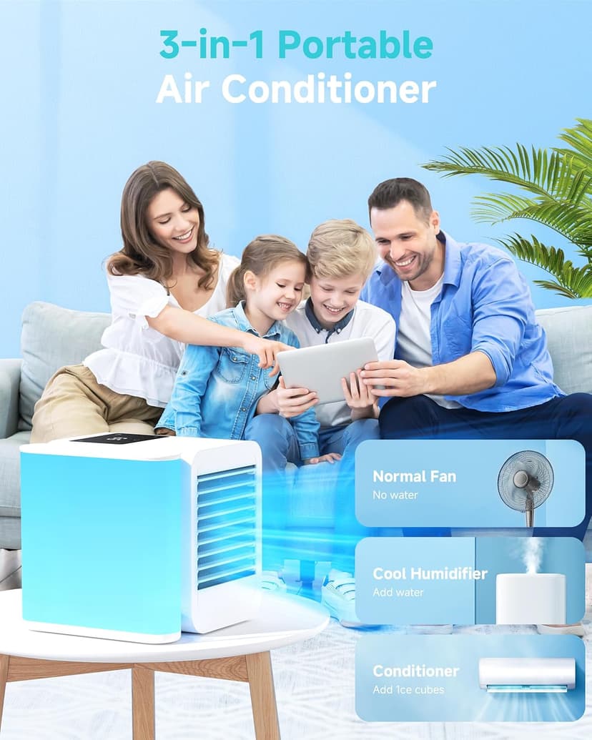 Portable Air Conditioner Cooling Fan: Evaporative Mini Air Cooler with 𝟳 𝗖𝗼𝗹𝗼𝗿𝘀 - USB Personal Air Cooler Desktop Ac Unit for Room Office Home (White)