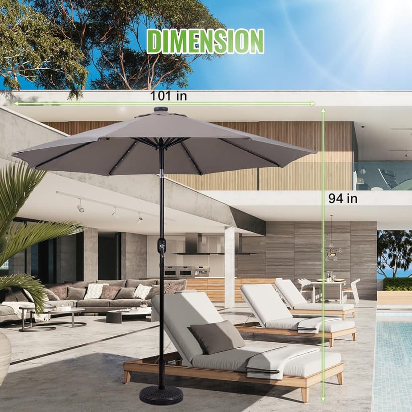 Backyard Expressions 9ft Solar Patio Umbrella with 32 LED Lights - Beige – Outdoor Market Umbrella with Tilt & Crank, Solar-Powered Lighting