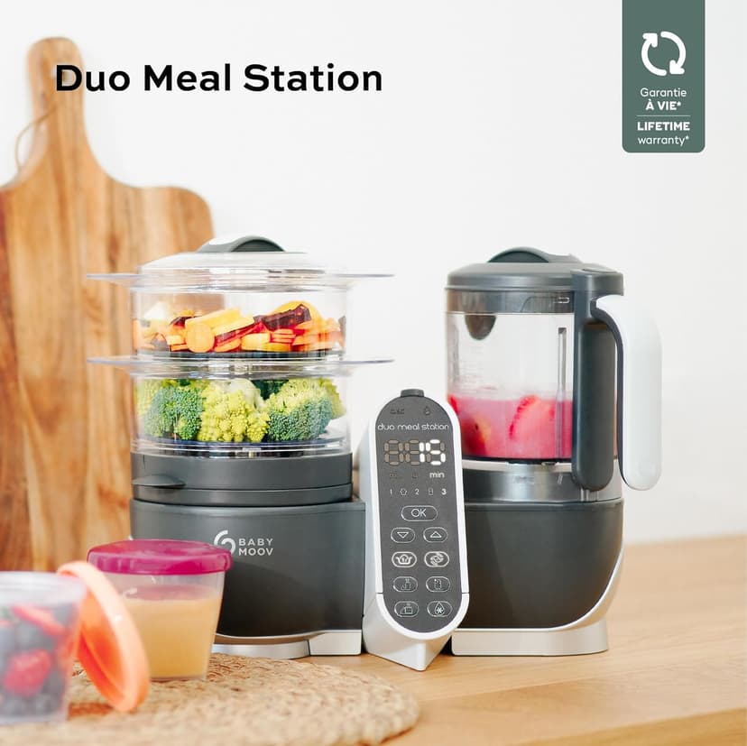 Babymoov Duo Meal Station Grey: Multi-Speed Baby Food Maker Steamer and Puree Blender, Baby Food Processor that warms & defrosts (Nutritionist Approved)