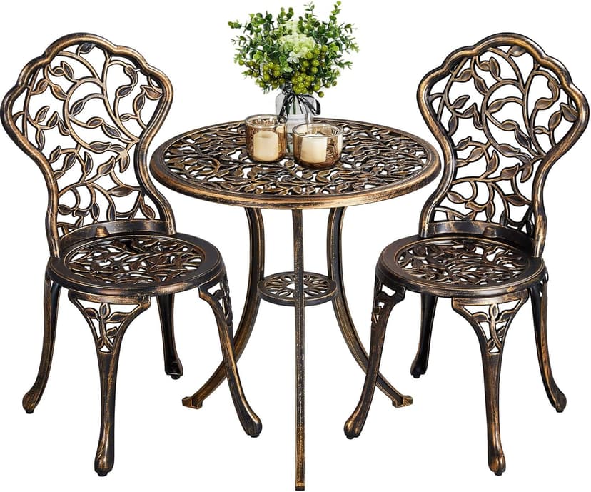 Yaheetech 3-Piece Outdoor Bistro Set w/Leaf Design, Rust-Resistant Cast Aluminum Table and Chairs for Balcony Backyard Garden