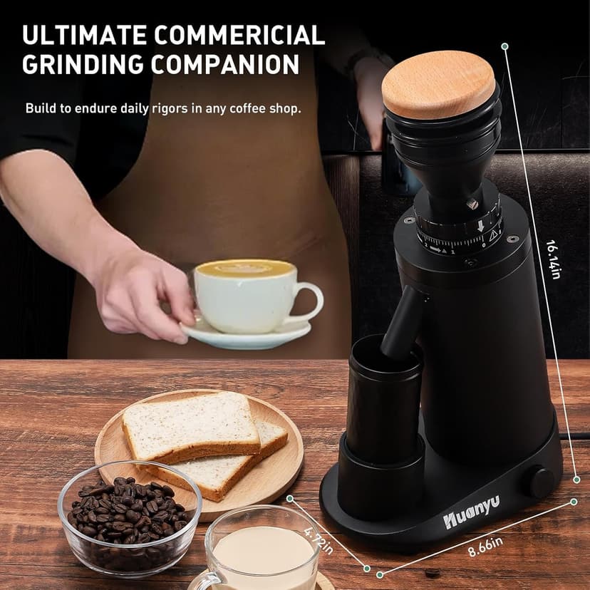 Huanyu Commercial Coffee Grinder Variable Speed Time Based Dosing Flat Burr Knob Control Professional Grinder with 8 Stepless Grinding Settings
