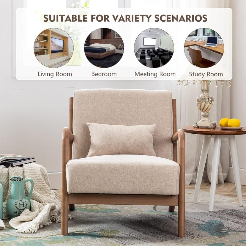 ANJHOME Mid Century Modern Accent Chairs Set of 2, Single Fabric Lounge Reading Armchair with Solid Wood Frame, Easy Assembly Arm Chairs for Living Room Beige 2