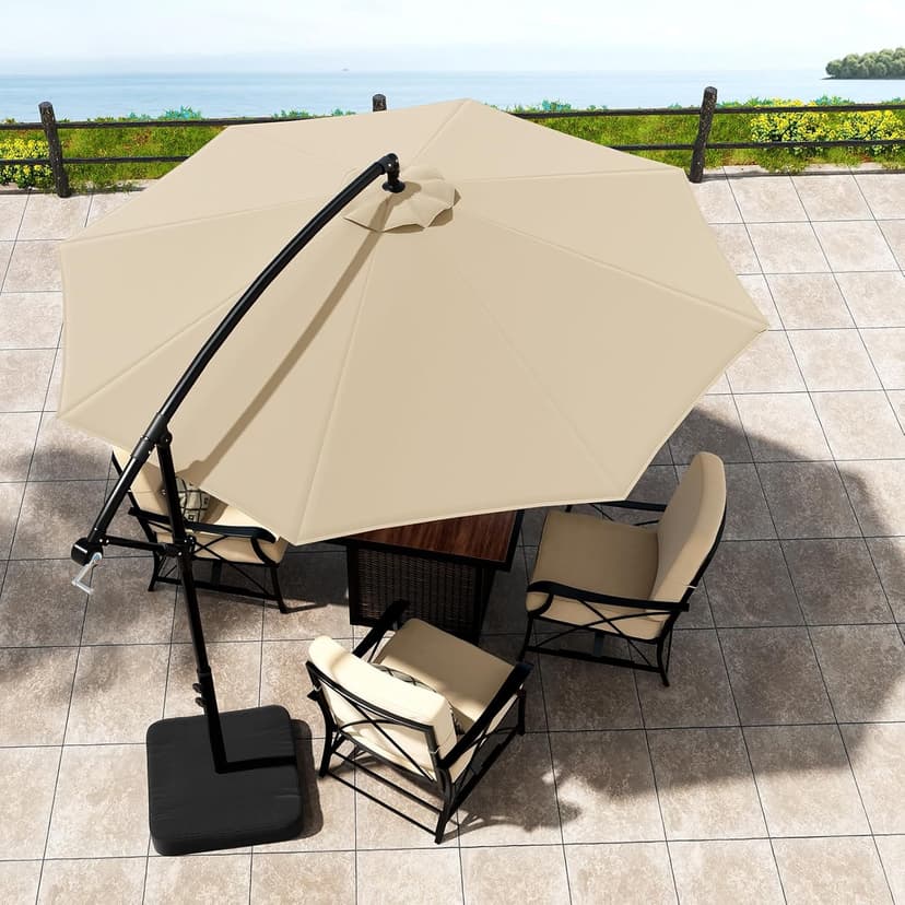 10ft Patio Umbrella with Base Included, Outdoor Offset Cantilever Umbrella w/Upgraded Yarn-dyed Fabric Shade, Sturdy 8 Rids, Easy Tilt Adjustment, for Pool Deck Porch Backyard Garden,Beige