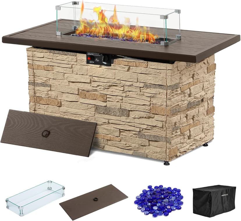 43" Propane Fire Pit Table Outdoor Stone Firepit Table Rectangular 50000 BTU Propane Fire Tables for Outside Patio with Wind Guard, Table Lid, Fire Beads, Cover,Pizzello Caldo (Buff)