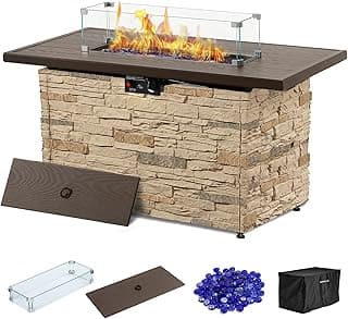 43" Propane Fire Pit Table Outdoor Stone Firepit Table Rectangular 50000 BTU Propane Fire Tables for Outside Patio with Wind Guard, Table Lid, Fire Beads, Cover,Pizzello Caldo (Buff)
