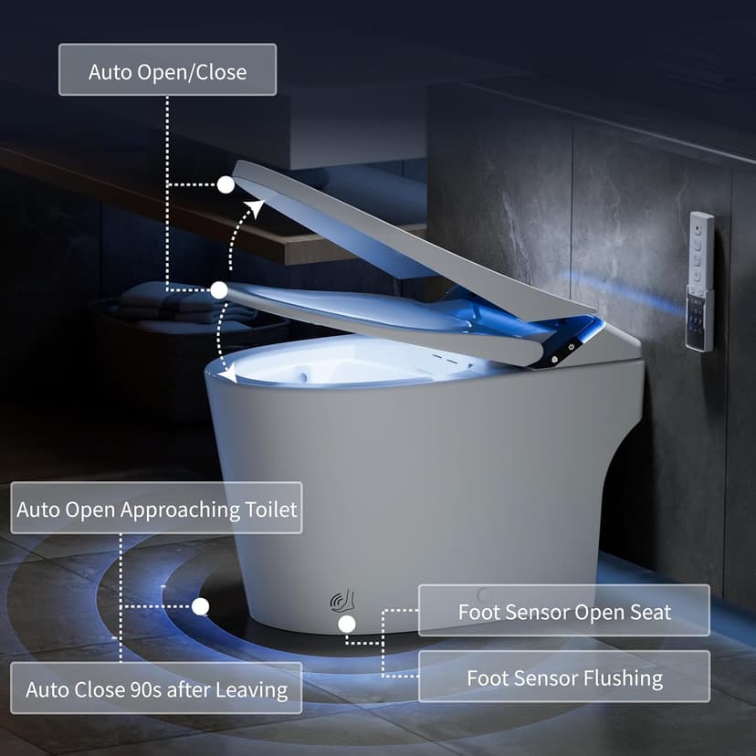 Smart Toilet with Bidet Built in, Toilets with Tank, Auto Open Close, Auto Flush, Foot Sensor, Heated Seat, Warm Water, Foam Dispenser, Elongated Bidets for Modern Bathroom, Remote, Night Light