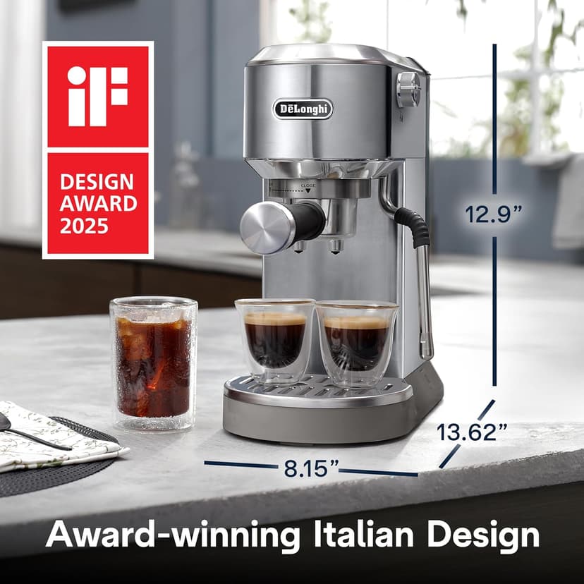 De'Longhi Dedica Duo Compact Espresso Machine - Stainless Steel Coffee Maker with Milk Frother Wand- for Espresso, Cold Brew, Hot & Iced Coffee, Cappuccinos, Lattes & Home Barista Brewing