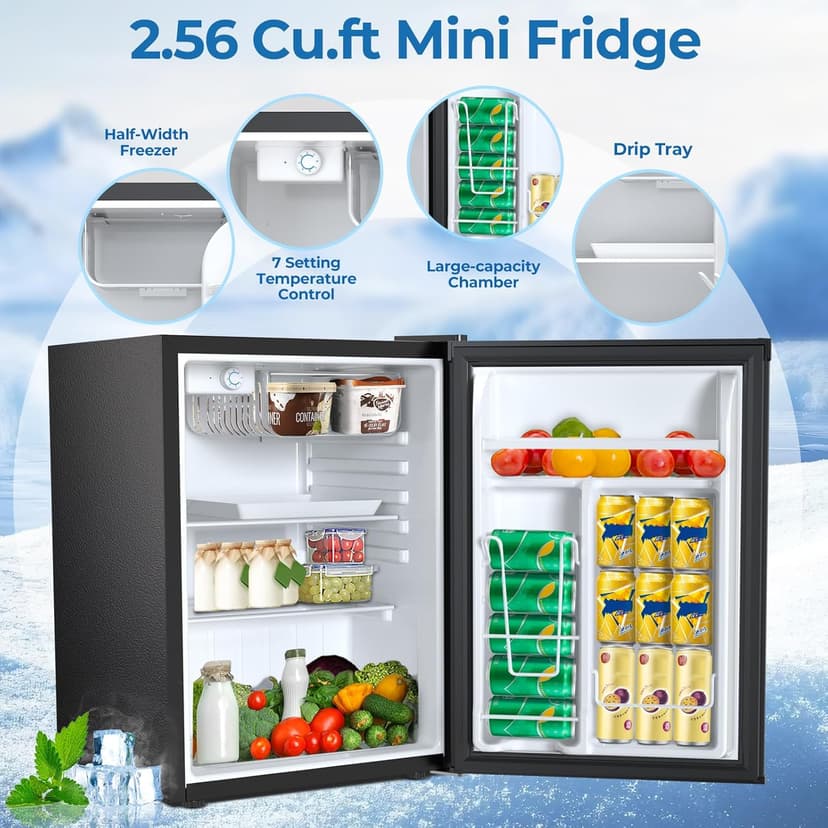 Compact Refrigerator 2.56 Cu.ft Mini Fridge with Freezer, Single Door Refrigerator with Adjustable Temperature Settings, Low noise, for Bedroom, Office, Dorm, Black