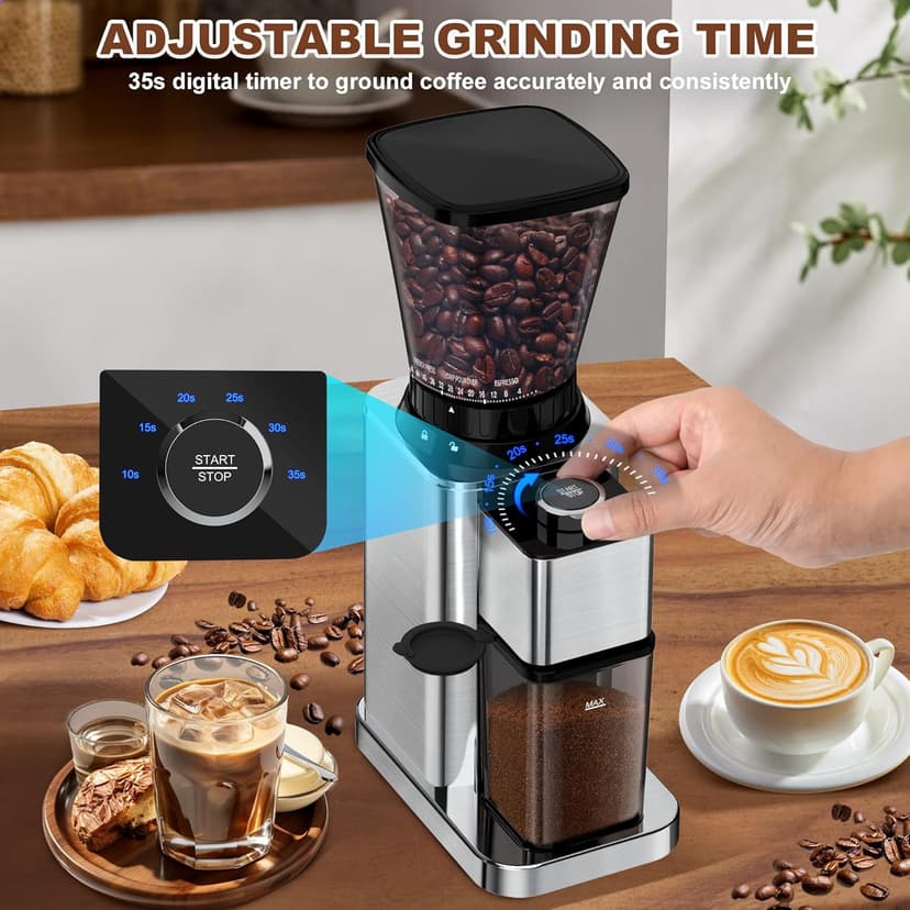 Conical Burr Coffee Grinder Electric, Espresso Coffee Bean Grinder for Home Use Adjustable 48 Grind Settings, 35s Precision Timer, Stainless Steel, Anti-Static for Pour Over/Drip/French Press