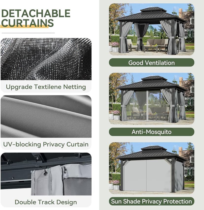 Aoxun 12'x10' Hardtop Gazebo with Light, Aluminum Frame Permanent Pavilion with Curtains and Netting, Outdoor Galvanized Double Roof Canopy, Designed for Garden, Lawns, Patio