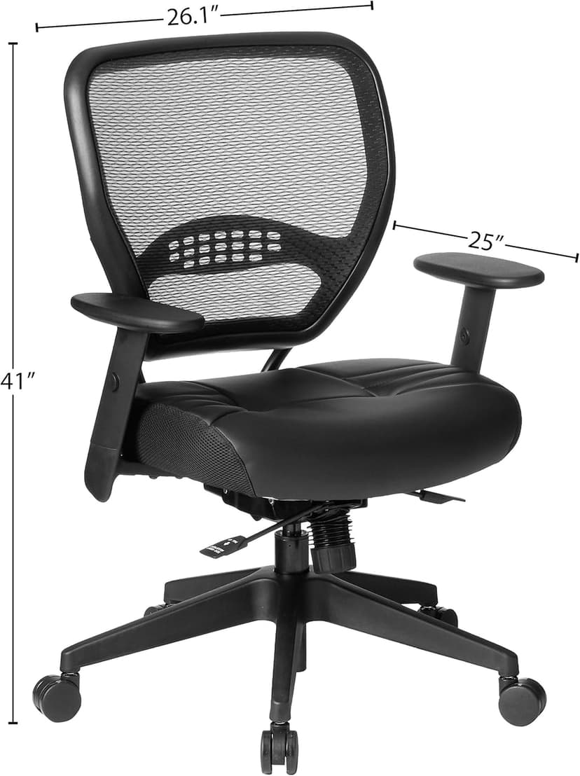Space Seating AirGrid Back and Padded Stitched Bonded Leather Seat, 2-to-1 Synchro Tilt Control, Adjustable Arms, Nylon Base Adjustable Managers Chair, Black