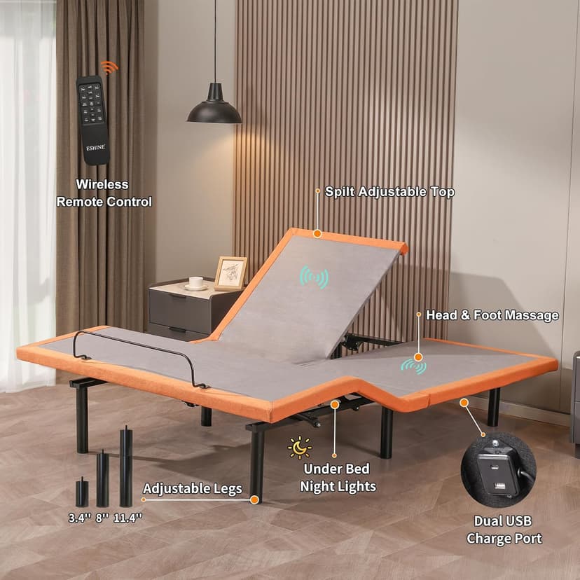 ESHINE Split Queen Adjustable Bed Frame with Mattress - 14" Gel Memory Foam Mattress, USB Ports, Underbed Night Light, Head and Foot Incline, Top Split Queen, Orange