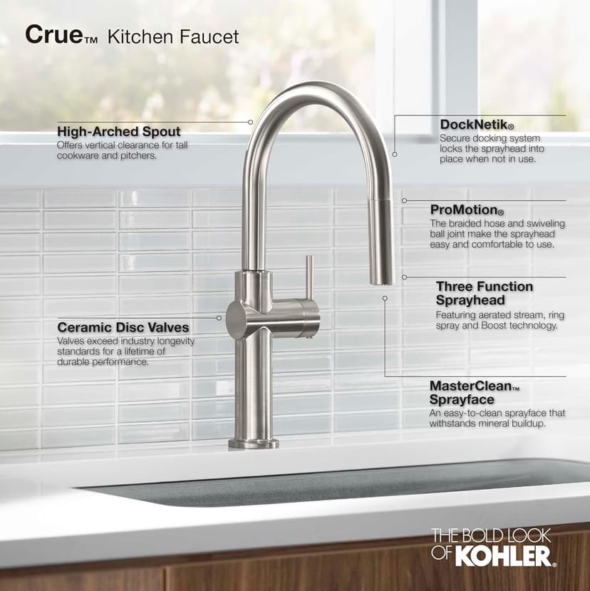 KOHLER 22972-2MB Crue Pull Down Kitchen Faucet, Pull-Down Sprayer, Vibrant Brushed Moderne Brass