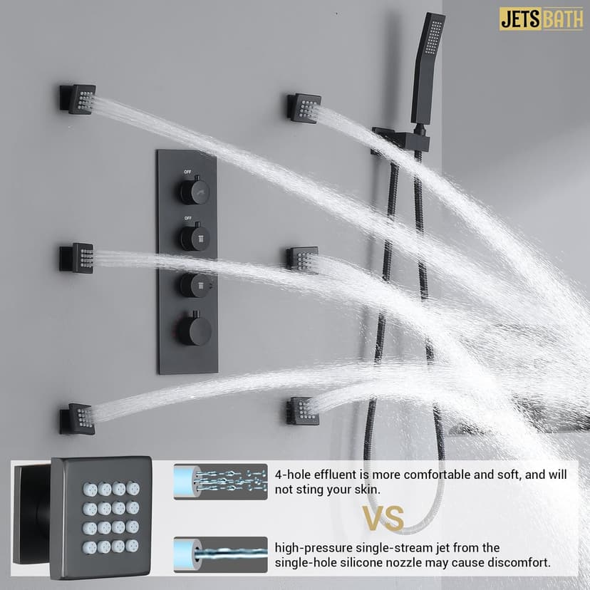 16” Thermostatic Rain Shower System with 6 Body Jets & 16-Inch Rainfall Shower Head, JetsBath Full Body Shower Faucet Sets with Valve & Handheld, Matte Black Luxury Wall Mount Shower Faucet Set