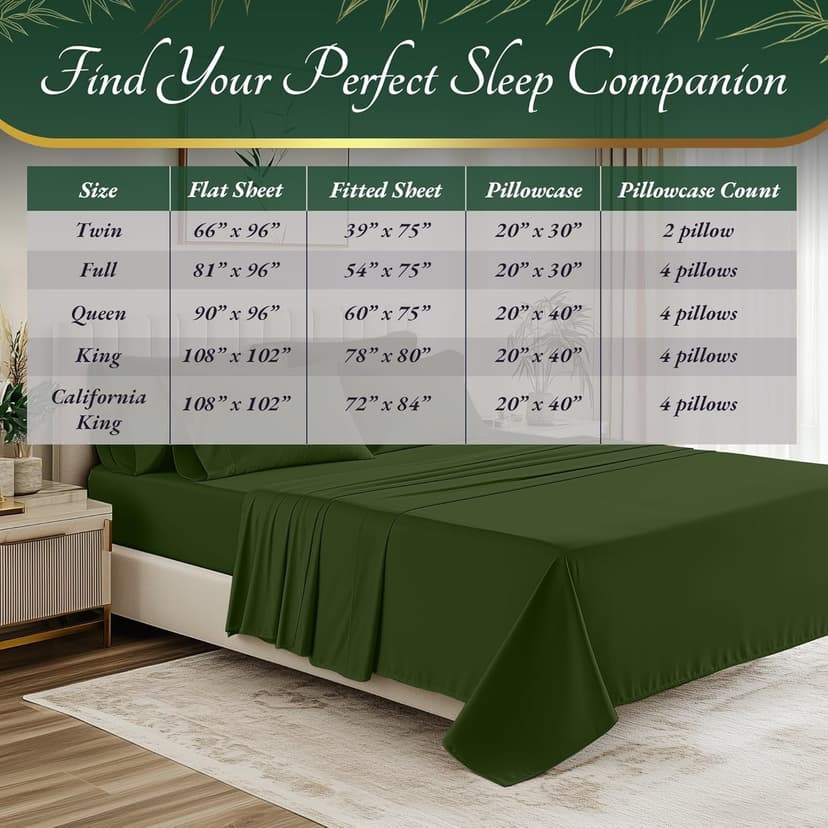 DECOLURE 100% Organic Viscose Derived from Bamboo Sheets Queen Size 6pcs - Ultra Soft & Luxuriously Cooling, 17" Deep Pocket, Double Stitching, Perfect for Hot Sleepers - Queen Bed Sheets (Olive)