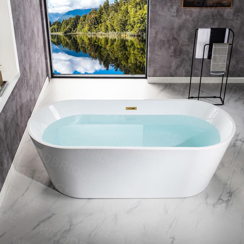 WOODBRIDGE 71" Acrylic Freestanding Bathtub Contemporary Soaking White Tub with Brushed Gold Overflow and Drain,B1701-BG