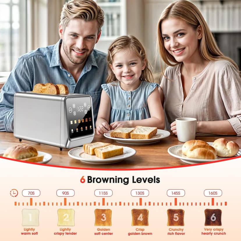 2 Slice Toaster Touch Screen with 1.5" Wide Slots & Memory Recall | 900W Fast Even Toast | LCD Display + 6 Shade Settings for Bagels & Thick Bread