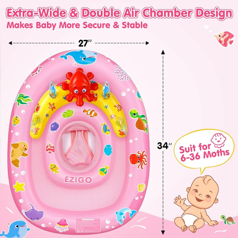 EZIGO Baby Pool Float with Canopy UPF50+ Sun Protection, Inflatable Kids Pool Floats with Ocean Animal Toys for Baby 6-36 Months, Infant Swimming Float with Adjustable Safety Seat for Boys Girls