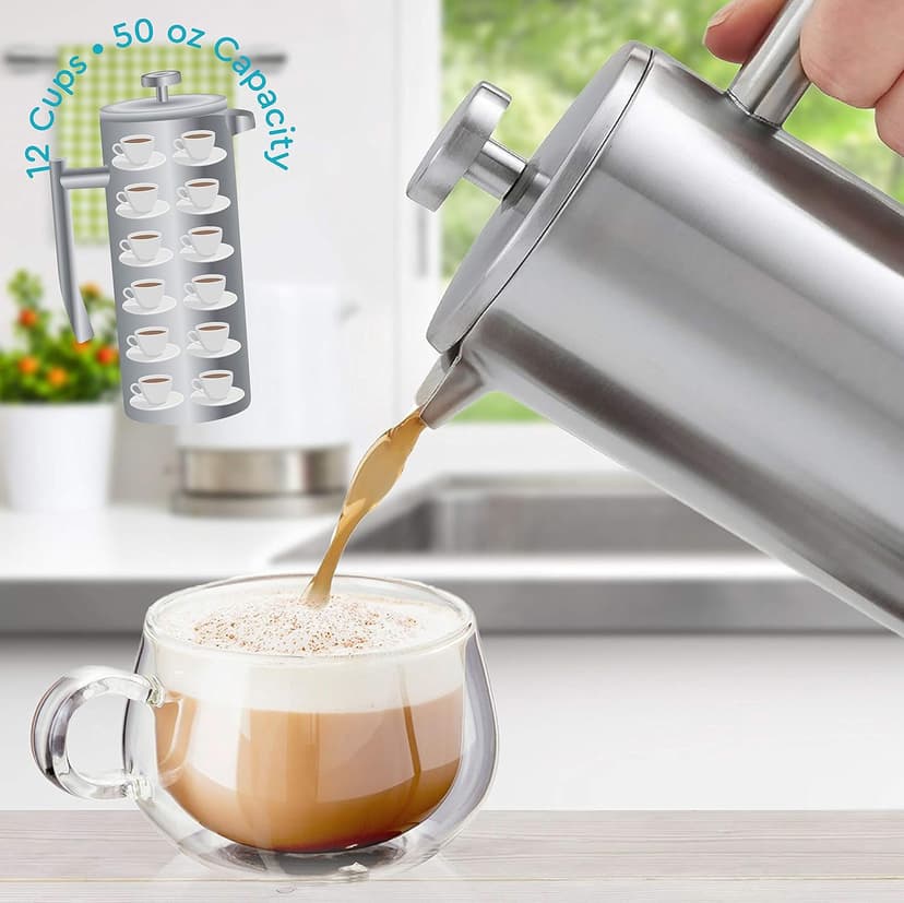 Belwares French Press Coffee Maker 50 Oz – Insulated Coffee Press Stainless Steel 304 Large – Double Wall, & 4 Level Filtration System (1.5 Liter) – Silver