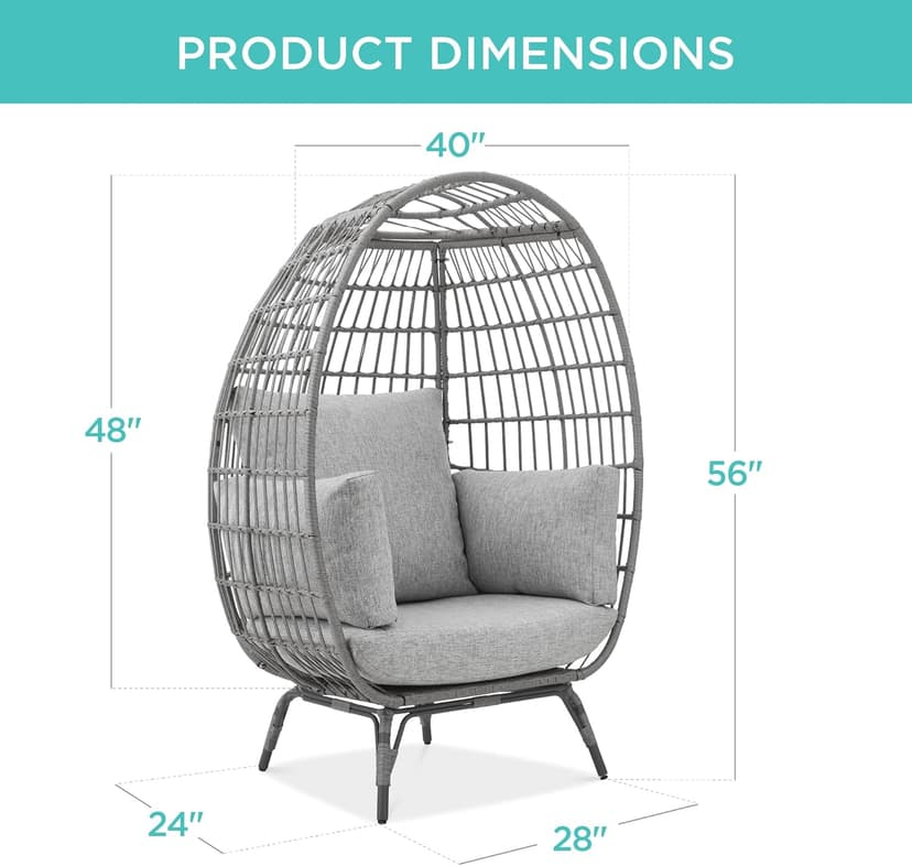 Best Choice Products Wicker Egg Chair, Oversized Indoor Outdoor Lounger for Patio, Backyard, Living Room w/ 4 Cushions, Steel Frame, 440lb Capacity - Gray/Heather Gray