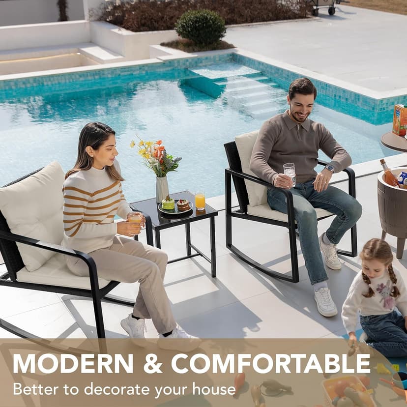 Devoko 3 Piece Rocking Bistro Set Wicker Patio Outdoor Furniture Porch Chairs Conversation Sets with Glass Coffee Table (Beige)