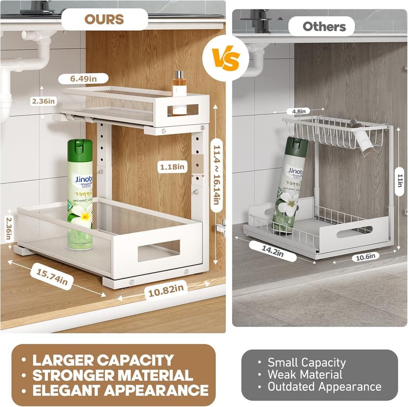 2-Pack Under Sink Storage Organizer, Large 2-Tier Elegant Mesh Pull Out Shelf for Kitchen and Bathroom Cabinet Organization, L-Shaped and Adjustable Height Design for Maximum Space Efficiency-White