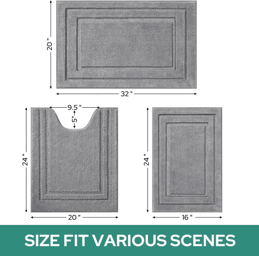 HOMEIDEAS Bathroom Rugs Sets 3 Piece, Super Soft and Absorbent Non Slip Microfiber Toilet Bath Mat with U-Shaped (Grey)