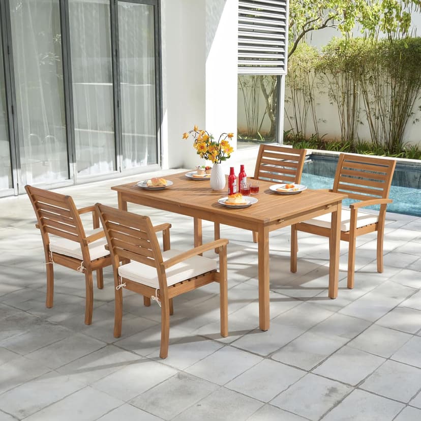 OC Orange-Casual Stackable Patio Dining Chairs Set of 4, Outdoor Acacia Wooden Chairs w/Armrest & Removeable Fabric Cushion, for Porch, Backyard, Garden, Indoor, Beige