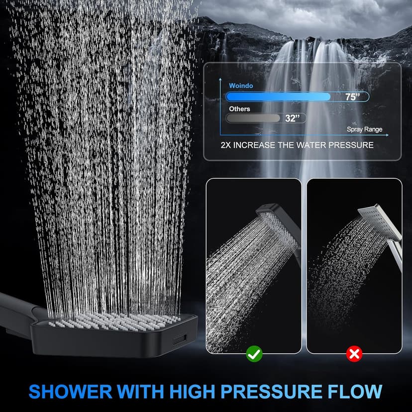 Shower Faucet Set, 12" Ceiling Mount Rainfall Shower System with 2 Rain Shower Head and Multi-function Handheld Head Push Button Diverter Shower Faucet Trim Kit (12", Matte Black)