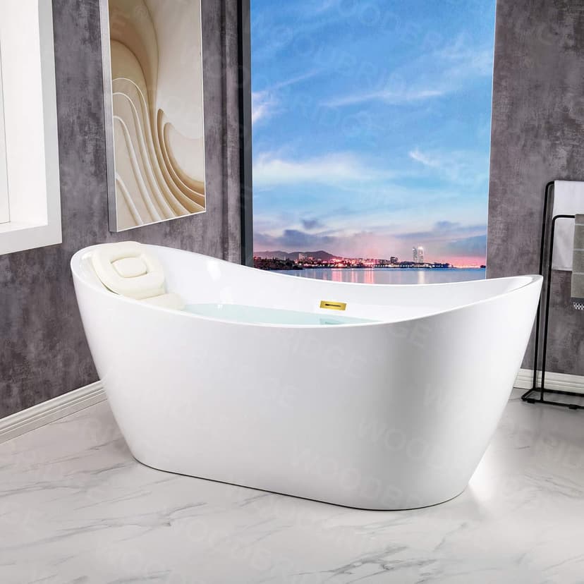 WOODBRIDGE 67" Acrylic Freestanding Bathtub Contemporary Soaking White Tub with Brushed Gold Overflow and Drain，B0010-BG