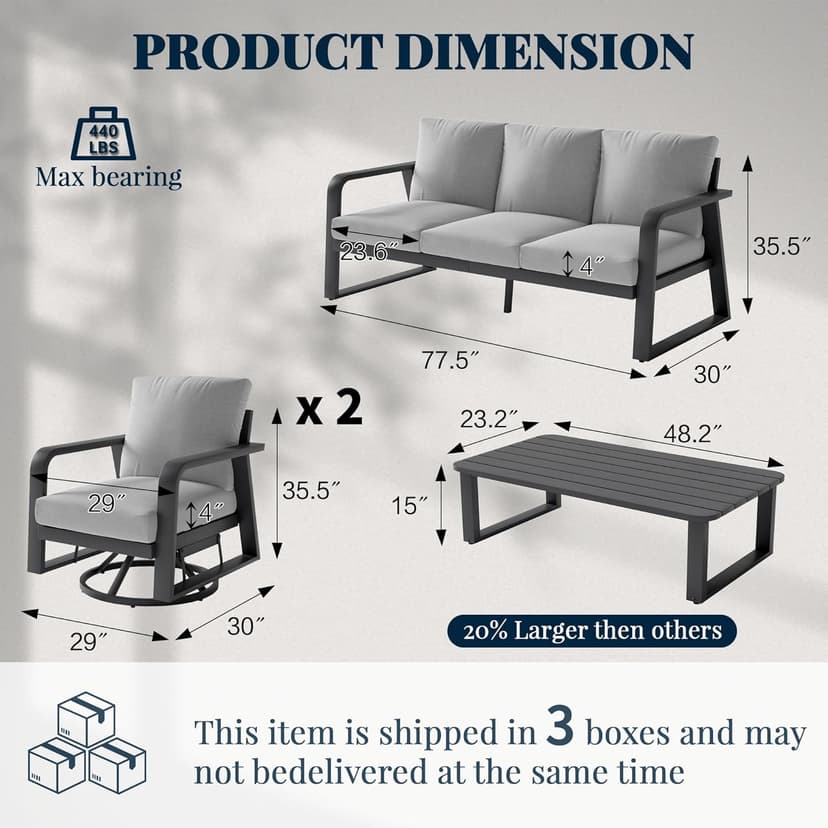 Outdoor Patio Furniture Set 4-Piece, Aluminum Swivel Rocking Chairs with All-Weather Cushions, Modern Patio Conversation Set for Deck, Porch, Garden (Dark Grey)