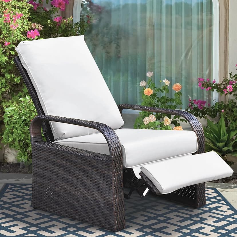 Skypatio Outdoor Recliner Chair, Adjustable All-Weather Wicker Oversized Patio Reclining Chair, Aluminum Patio Rattan Armchair with Thick Cushion for Porch, Balcony, Indoor