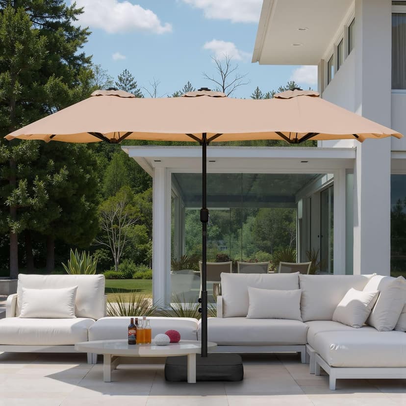 Shintenchi 13FT Large Patio Umbrella with Base, Outdoor Double-Sided Rectangular Shade with Crank Handle for Poolside Lawn Garden, Khaki