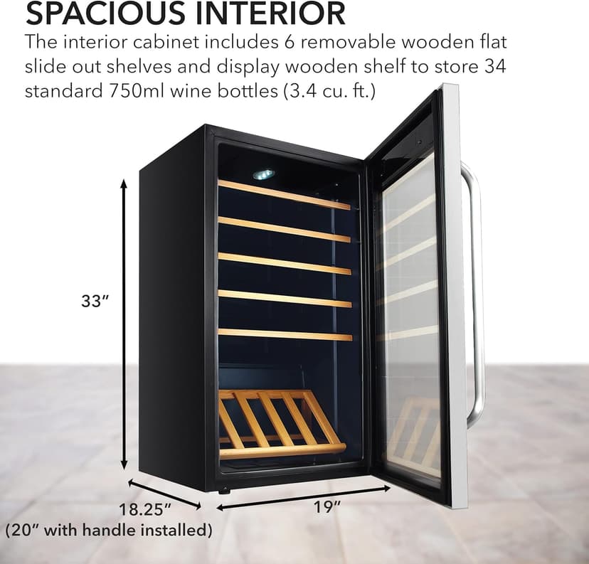 Whynter FWC-341TS 34 Bottle Freestanding Stainless Steel Wine Refrigerator with Display Shelf and Digital Control, Gray