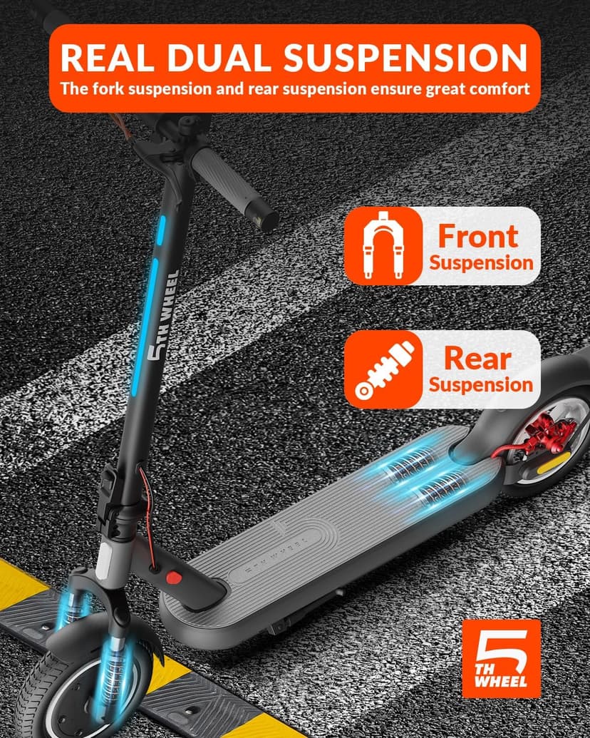 5TH Wheel V40 PRO Electric Scooters, 48V 800W Peak Motor & 20 MPH, 24.9 Miles Range, 10" Solid Tires, Front-N-Rear Suspension and Ambient Light, Folding Sport Scooters with Dual Brake System and APP