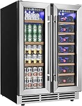 EUHOMY Wine and Beverage Refrigerator, 24 Inch Dual Zone Wine Cooler with Glass Door Hold 21 Bottles and 88 Cans, Built in or Under Counter Wine Fridge with Blue LED Light